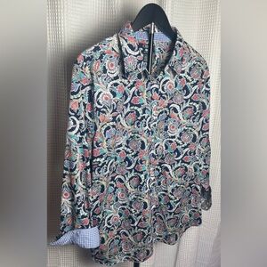 Chaps No Iron Shirt- Woman's 2XL White and Blue Paisley Cuff Long sleve Shirt